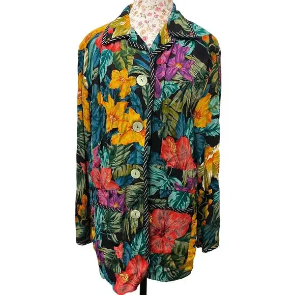 🌴 Carole Little Rayon Floral Button Jacket 10 – Vintage Tropical Boho Blazer - Picture 1 of 4